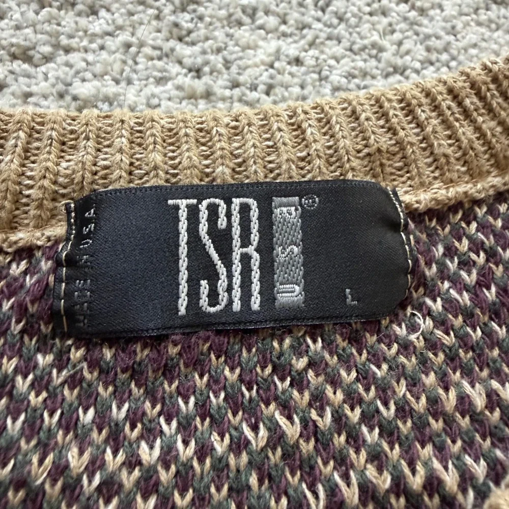 Vintage TSR USA Geometric Knit Sweater Mens Large Tan Burgundy Green Crewneck